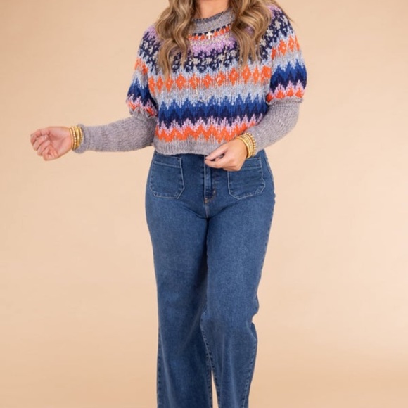 Free People Home for the Holidays Cropped Sweater - Heather Gray Combo - L - Picture 4 of 10